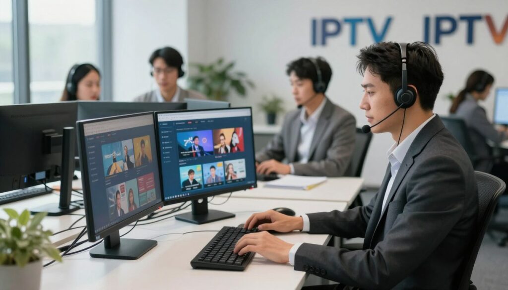 A busy and well-organized IPTV service customer support center. In the foreground, a professional customer support agent, dressed in business attire, sits at a sleek modern desk with dual monitors, typing intently. The middle ground features a few more agents collaborating in pairs, with headsets on, engaged in conversation while displaying screens showing streaming services. The background shows a dynamic and bright office environment, with branding related to IPTV services subtly integrated. Soft, natural lighting streams through large windows, creating an inviting atmosphere. The overall mood is focused and efficient, reflecting high-quality customer service in the tech industry.