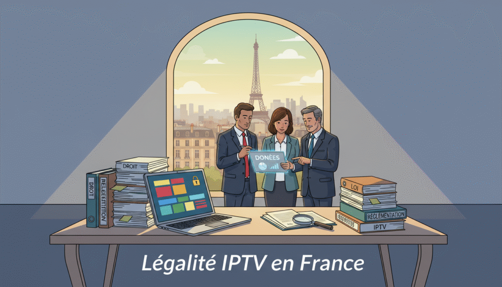 A conceptual image illustrating the theme of "Légalité IPTV en France." In the foreground, an elegant, modern office desk with a laptop displaying streaming content, surrounded by legal documents related to IPTV regulations. The middle layer features a diverse group of professionals in business attire—men and women—engaged in a serious discussion, analyzing charts and data on a digital tablet. In the background, a large window shows a view of Paris, with the Eiffel Tower subtly visible, symbolizing France. The lighting is warm and inviting, with soft natural sunlight filtering through the window, creating a collaborative atmosphere. The mood conveys a blend of legality and technology, reflecting the ongoing debates around IPTV.
