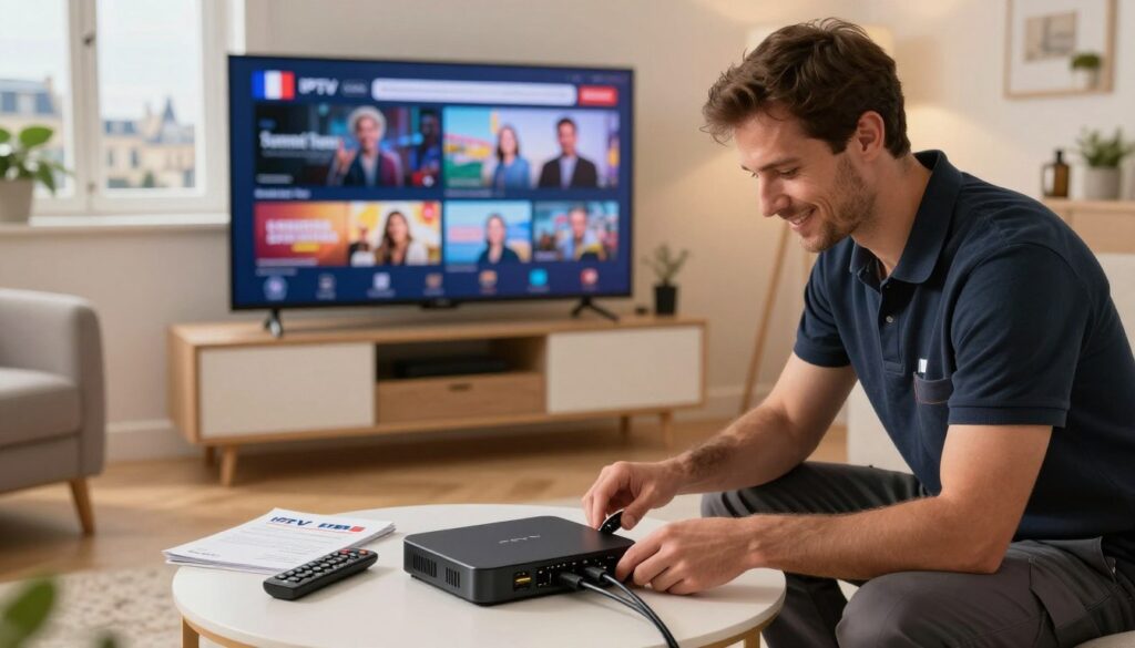 A cozy home setting showcasing the installation of IPTV in France. In the foreground, a friendly technician in a professional outfit is carefully connecting cables to a sleek IPTV box, focusing on the device's ports. The middle ground features a modern living room with a large flat-screen TV displaying vivid images of popular French channels, while a small table holds a user manual and a remote control. In the background, through a window, the Paris skyline is faintly visible, adding a touch of French culture. Soft, warm lighting highlights the scene, creating a welcoming atmosphere. The image is shot from a slightly elevated angle, emphasizing the technician's work while capturing the comfort of home viewing.