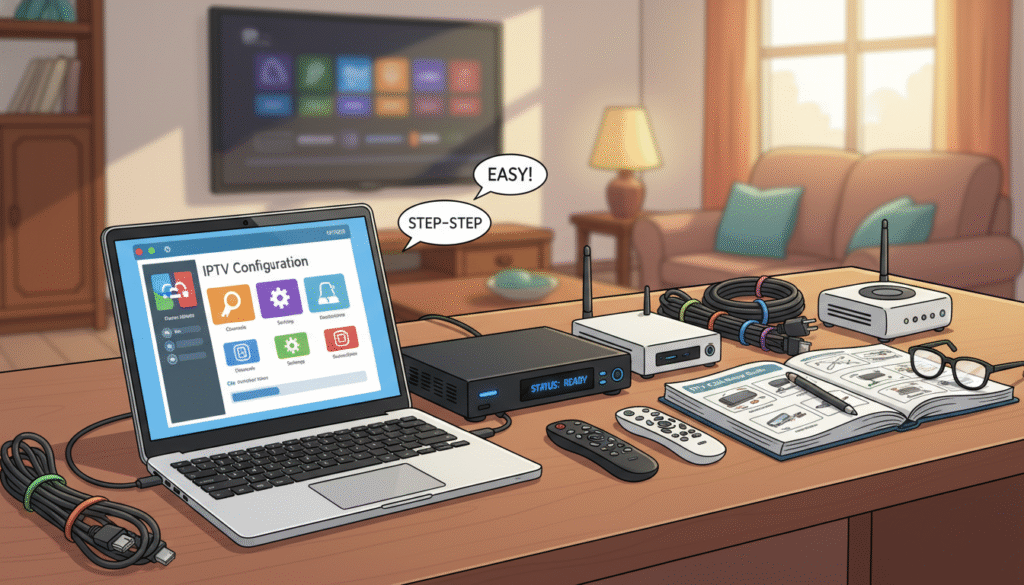 A detailed and organized workspace featuring IPTV configuration materials, including a modern digital TV receiver, a high-speed modem, and various remote controls. In the foreground, there’s a sleek laptop displaying an IPTV setup interface with vibrant graphics. The middle section contains scattered cables neatly organized, with an instruction manual open beside them, showcasing diagrams for setup. The background is softly lit, featuring a cozy living room with a large flat-screen TV. A warm ambiance is created through soft, warm lighting, enhancing a sense of technology in a home environment. The overall mood is professional yet inviting, aimed at guiding viewers on how to successfully configure their IPTV subscription.