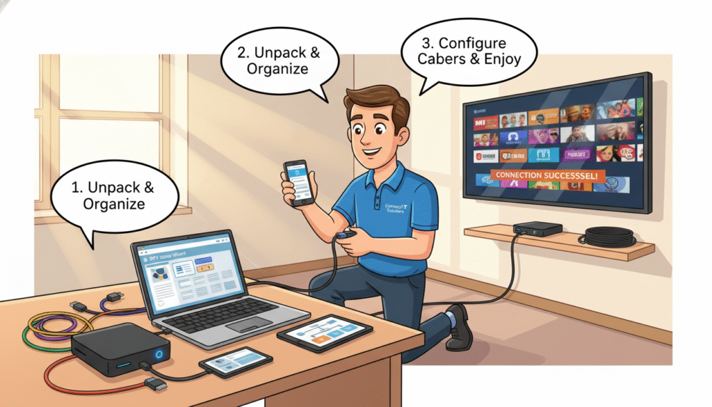 A detailed step-by-step guide to IPTV installation, featuring a well-organized workspace. In the foreground, a neatly arranged desk displays a modern IPTV box, cables, and a laptop showing configuration settings. In the middle ground, a focused technician, dressed in professional attire, is attentively connecting wires and accessing the device's interface on a smartphone. In the background, a wall-mounted TV broadcasts vibrant images, demonstrating a successful connection. Soft, natural lighting illuminates the scene, creating a warm and inviting atmosphere. The angle captures both the technician’s concentration and the intricate equipment, ensuring the viewer feels engaged in the installation process.