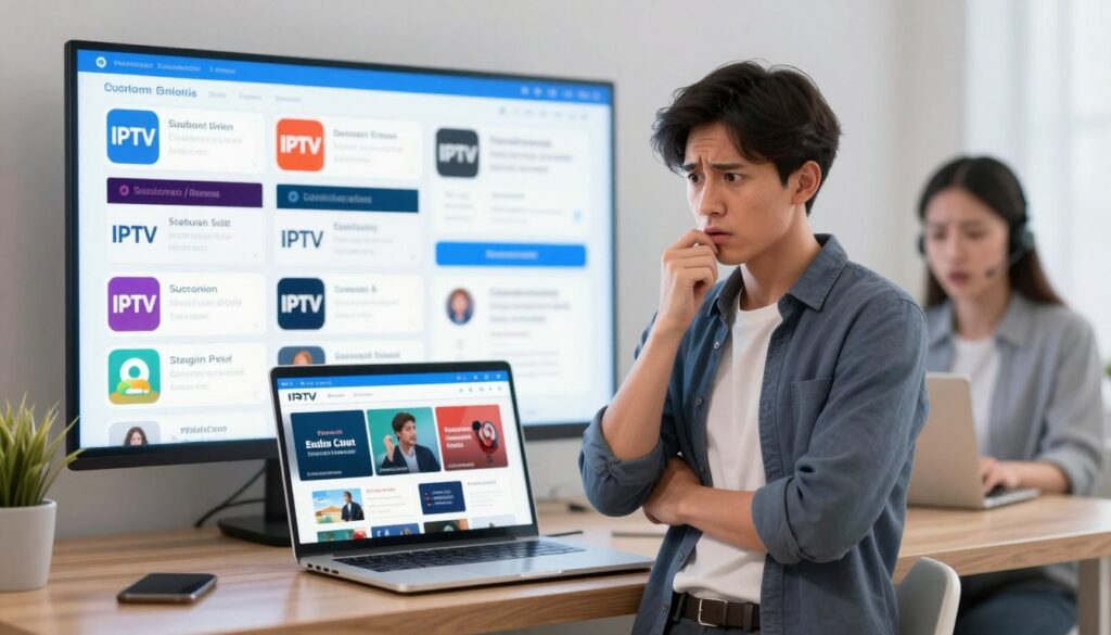A digital illustration depicting common mistakes to avoid when selecting an IPTV subscription. In the foreground, a confused customer, dressed in business casual attire, stands in front of a wall displaying a large array of confusing IPTV subscription options, with unclear terms and conditions visible on the screen. The middle ground features an open laptop with streaming platforms, highlighting the difference between legitimate and illegitimate services. In the background, a soft-focus image of a frustrated individual on a video call with customer support. The lighting is bright and clear, evoking a professional atmosphere, while a highlighting effect draws attention to the subscription pitfalls. The overall mood is cautious yet informative, reflecting the importance of making the right IPTV choice.