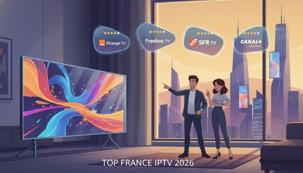 A futuristic digital landscape representing the top IPTV service providers in France for 2026. In the foreground, feature a sleek, modern living room with an advanced flat-screen TV displaying vibrant streaming content. Include two professionals in smart casual attire discussing IPTV features and services, showcasing their engagement with technology. The middle ground should have floating holographic interfaces displaying the logos and ratings of the top 5 IPTV providers, illuminated with a soft glow. In the background, a city skyline at dusk, with gleaming skyscrapers and digital billboards highlighting high-tech innovations. Use warm lighting to create an inviting atmosphere, evoking a sense of excitement and modernity in the world of IPTV. A wide-angle perspective captures the dynamic interaction and contemporary setting without any text overlays or distractions.