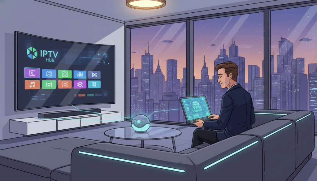 A futuristic living room scene, showcasing a sleek modern television displaying colorful IPTV content. In the foreground, a confident, professional person in business attire sits on a stylish sofa, engaged with a laptop that reflects a secure VPN connection. The middle ground is filled with subtle technology elements, such as a router glowing softly, symbolizing secure streaming. In the background, large windows provide a view of a bustling city skyline at dusk, with warm lighting creating a cozy atmosphere. The mood is sophisticated and tech-savvy, enhancing the theme of VPN security while enjoying IPTV services. Soft, even lighting enhances the clarity of the scene, captured from a slightly elevated angle to emphasize the interaction with technology.