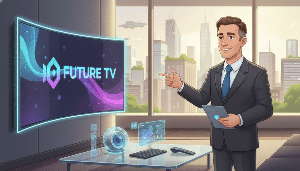A futuristic living room setting in 2026, showcasing a sleek, modern television displaying vibrant IPTV visuals. In the foreground, a professional individual in business attire, smiling and pointing towards the screen, symbolizing satisfaction with the IPTV service. The middle ground features an elegant coffee table with advanced tech gadgets and a smart device casually placed beside a remote control. The background includes a large window revealing a cityscape with high-tech buildings, bathed in warm sunlight creating a welcoming atmosphere. Use soft, diffused lighting to enhance the mood, with a focus on clarity and depth. The scene conveys innovation, comfort, and the appeal of modern entertainment solutions.