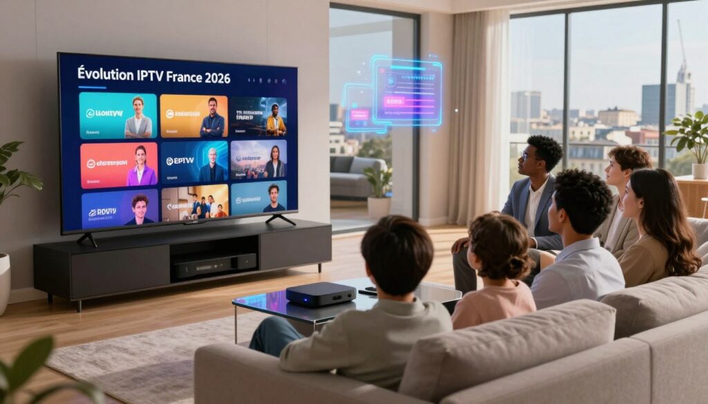 A futuristic representation of "Évolution IPTV France 2026" showcasing a vibrant living room equipped with modern technology. In the foreground, a sleek, oversized smart TV displays various colorful IPTV channels. Families of diverse ethnicities, dressed in professional business attire, are gathered comfortably on a stylish sofa, engaged in watching content together, conveying a sense of community and togetherness. In the middle ground, a high-tech entertainment system with streaming devices glimmers softly under ambient lighting, contributing to the modern atmosphere. The background features large windows with a view of a bright Paris skyline, hinting at advanced technology with holographic displays floating beside traditional programming. The overall mood is optimistic, signifying the growth and evolution of interactive entertainment in a connected world. Soft, warm lighting enhances the inviting atmosphere, while a shallow depth of field focuses on the family interaction.