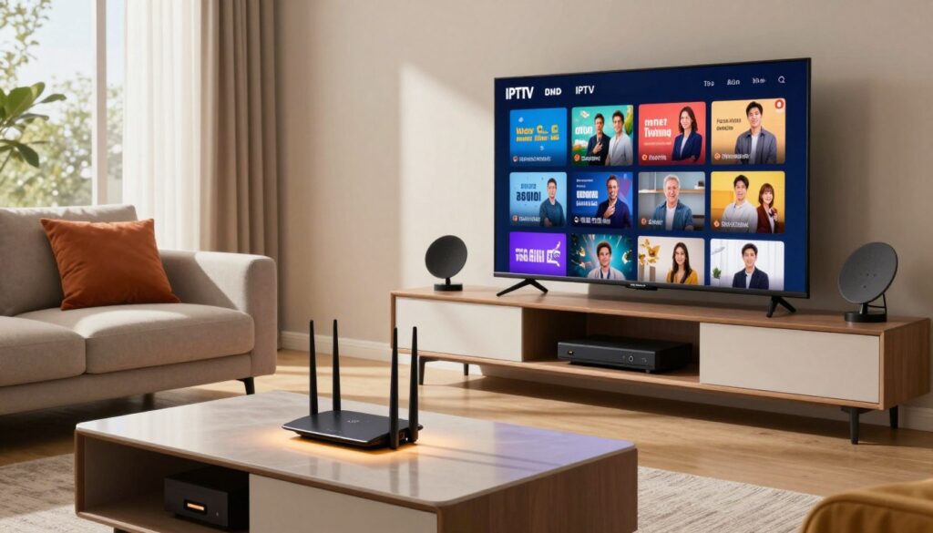 A high-resolution image depicting a modern living room setup optimized for IPTV viewing, featuring a sleek, large flat-screen TV displaying vibrant streaming content. In the foreground, a stylish coffee table holds a high-speed internet router, elegantly illuminated by ambient lighting. The middle layer includes a comfortable sofa with vibrant cushions and a neatly arranged media console, showcasing media devices like a satellite receiver. In the background, large windows cascade natural light into the room, creating a warm and inviting atmosphere. Soft shadows play across the furniture, enhancing the cozy feel. The scene conveys a sense of family entertainment and connectivity, highlighting the importance of high-speed internet for seamless IPTV streaming experiences. A high-resolution image depicting a modern living room setup optimized for IPTV viewing, featuring a sleek, large flat-screen TV displaying vibrant streaming content. In the foreground, a stylish coffee table holds a high-speed internet router, elegantly illuminated by ambient lighting. The middle layer includes a comfortable sofa with vibrant cushions and a neatly arranged media console, showcasing media devices like a satellite receiver. In the background, large windows cascade natural light into the room, creating a warm and inviting atmosphere. Soft shadows play across the furniture, enhancing the cozy feel. The scene conveys a sense of family entertainment and connectivity, highlighting the importance of high-speed internet for seamless IPTV streaming experiences.