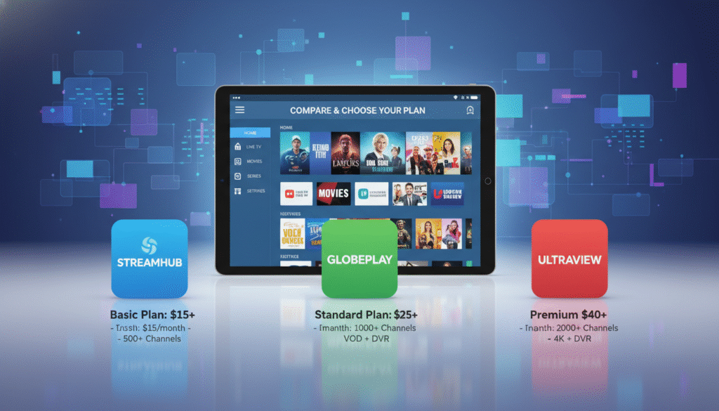 A modern comparison chart of IPTV subscription plans, prominently displayed against a sleek, tech-inspired background. In the foreground, show an organized layout featuring various icons representing different IPTV services, each illustrated with unique logos and pricing details. The middle ground should include a stylish tablet or laptop screen highlighting a user-friendly interface of an IPTV app, radiating a soft blue glow. In the background, integrate abstract shapes and digital patterns to evoke a sense of innovation and connectivity. Lighting should be bright and professional, creating a polished atmosphere. Aim for a clean, modern aesthetic that communicates clarity and professionalism, avoiding any clutter or distracting elements.