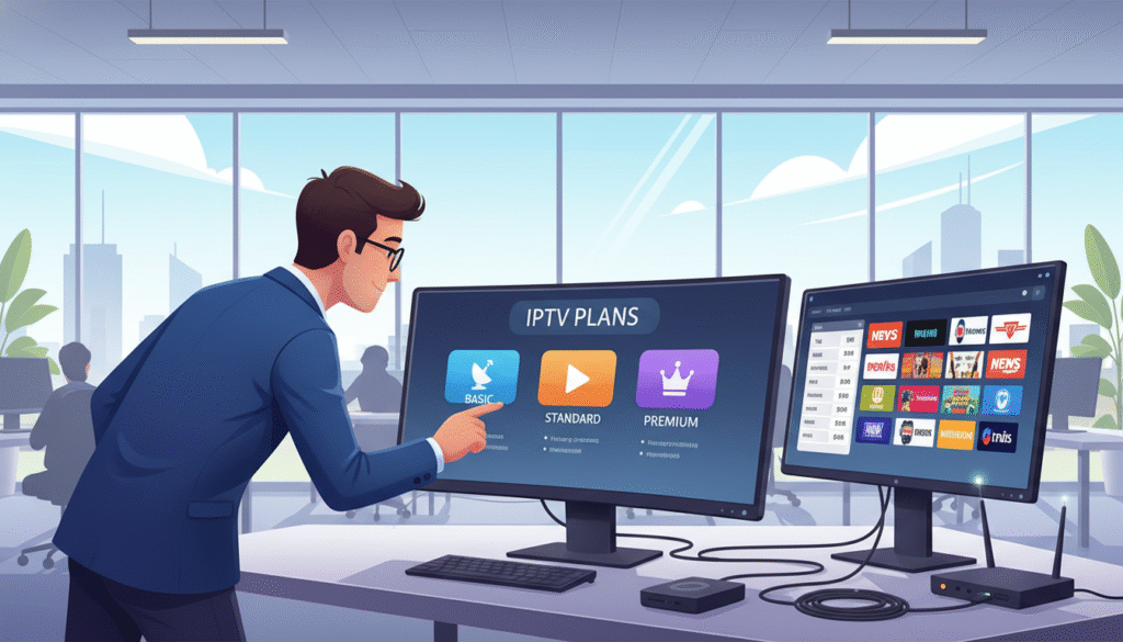 A modern digital office space showcasing various IPTV subscription options displayed on sleek computer screens. In the foreground, a professional person in business attire is examining a screen with a colorful visual interface representing different IPTV plans, including icons and features. In the middle ground, two additional screens display a menu or comparison chart of subscription tiers, surrounded by subtle technology-related elements like cables and small devices. The background features a bright, well-lit office with large windows letting in natural light, creating an inviting atmosphere. Use a wide-angle lens perspective to capture the depth of the setting, emphasizing clarity and detail in the screens while maintaining a professional and tech-savvy mood.