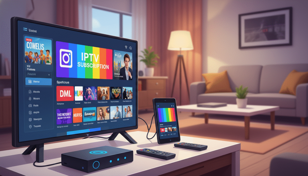 A modern digital scene depicting various IPTV subscription options. In the foreground, an assortment of streaming devices like set-top boxes and smart TVs with a colorful display showcasing a variety of IPTV channels and genres—movies, sports, and documentaries. In the middle ground, a sleek coffee table with user-friendly remote controls and user interface illustrations, symbolizing ease of access and variety. In the background, a cozy living room setting with a comfortable sofa, ambient lighting from soft lamps creating a warm atmosphere. The image is bright and inviting, shot from a slight angle to capture depth, focusing on the technology while suggesting a lifestyle that embraces modern entertainment choices.