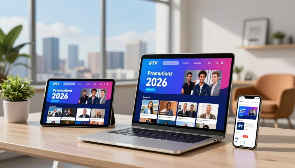 A modern digital workspace showcasing IPTV promotions for 2026. In the foreground, a sleek laptop displays vibrant promotional graphics for IPTV services, featuring eye-catching discount badges and attractive streaming content thumbnails. Beside the laptop, a stylish tablet echoes the promotions, while a smartphone shows a live IPTV broadcast. In the middle ground, a contemporary, well-lit office environment with a desk, potted plants, and a cozy armchair creates a professional atmosphere. The background features a large window with city skyline views under a clear blue sky, symbolizing connectivity and innovation in technology. Soft, natural lighting filters through the window, enhancing the inviting ambiance. Aim for a futuristic yet approachable feel that emphasizes the idea of special offers and value in the IPTV market.
