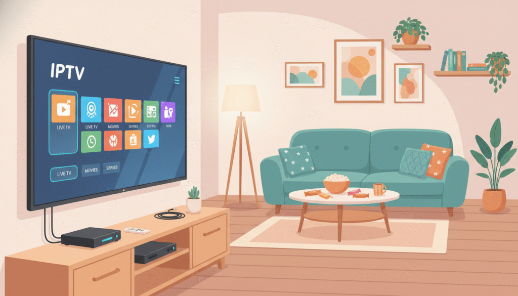 A modern home entertainment setup showcasing IPTV configuration. In the foreground, display a sleek, high-definition television mounted on the wall, displaying an IPTV interface with vibrant menus and channel options. Nearby, a stylish media console holds a compact IPTV box, remote control, and various cables neatly organized. In the middle ground, a comfortable living room setting features a cozy sofa with throw pillows, a small coffee table with snacks, and ambient lighting, creating a warm atmosphere. The background shows a well-decorated wall with framed art, enhancing the inviting feel of the space. Use soft, natural lighting to evoke a homely and tech-savvy mood, shot at eye level to create an immersive perspective.