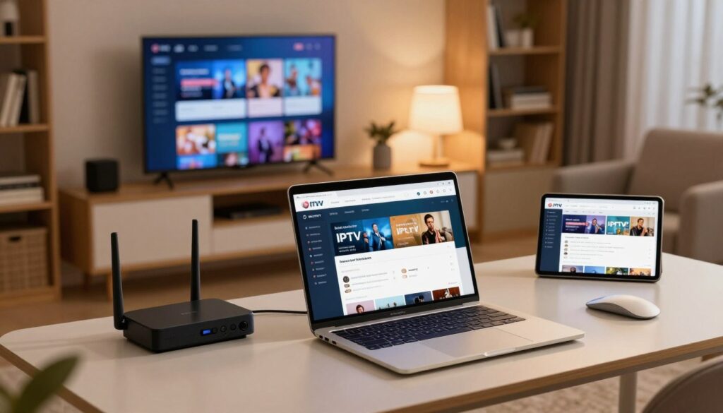 A modern home office setup illustrating IPTV configuration. In the foreground, a sleek laptop with an open IPTV setup interface displayed on the screen, surrounded by a high-quality router and connected devices like a smart TV and streaming box. The middle ground features a stylish desk with minimalistic design, clutter-free, and a tablet showing a streaming service page. In the background, soft ambient light illuminates the room, with a contemporary bookshelf and a cozy armchair, creating a warm, inviting atmosphere. The scene captures a sense of professionalism and modern technology, with focus on the IPTV setup process. Warm lighting enhances the mood, conveying comfort and efficiency in home entertainment.