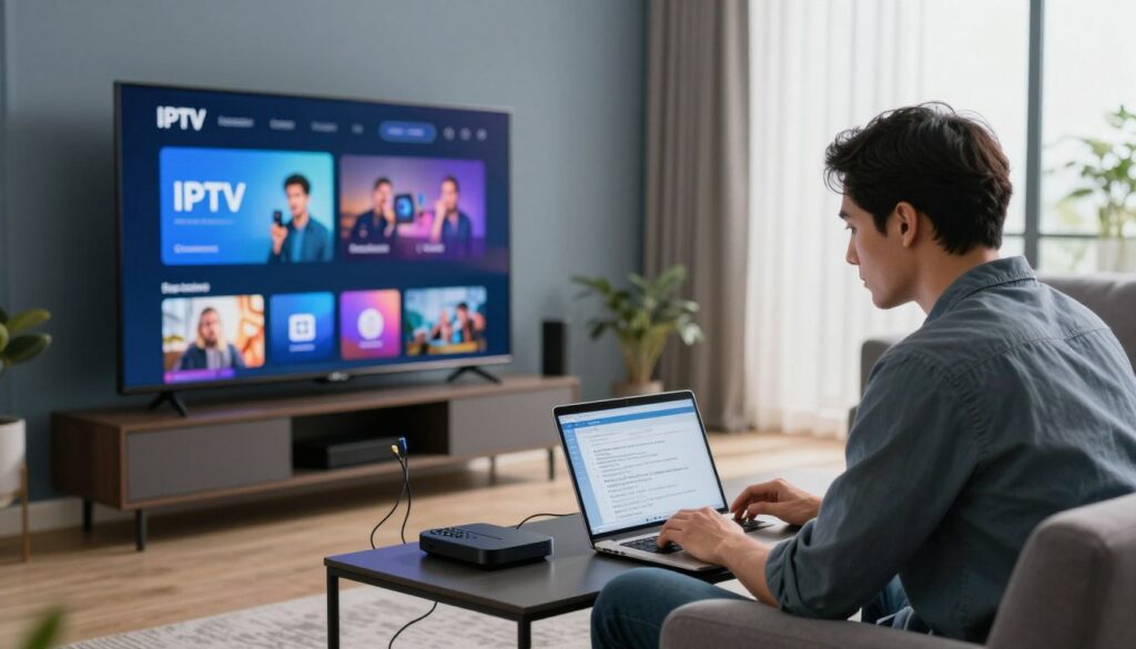 A modern living room designed for IPTV troubleshooting, filled with a sleek television displaying a colorful IPTV interface. In the foreground, a focused technician in smart casual attire analyzes a laptop and notes technical details. The middle ground shows an assortment of cables, a digital streaming device, and a remote control, symbolizing various IPTV elements. The background features a large window allowing soft, natural light to spill in, creating an inviting ambiance. The room is furnished in muted tones with a touch of blue for a tech-savvy feel. Soft shadows enhance depth, evoking a sense of concentration and diligence in resolving common IPTV issues.