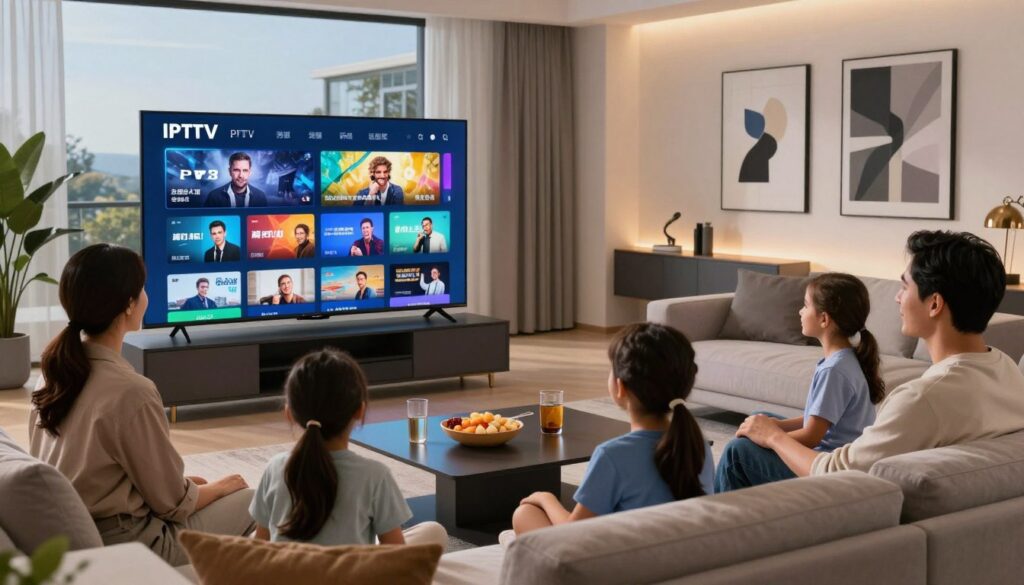 A modern living room featuring a sleek, state-of-the-art television displaying a vibrant IPTV interface, showcasing various streaming options. In the foreground, a family of four—parents and two children—are comfortably seated on a stylish couch, wearing casual but neat clothing, engaged in selecting a show to watch. The middle ground captures a coffee table with snacks and drinks, emphasizing a cozy viewing atmosphere. The background includes soft ambient lighting, large windows with a scenic view, and contemporary wall art that reflects a digital, tech-savvy lifestyle. The overall mood is inviting and cheerful, with a focus on shared family moments and reliable entertainment solutions. The scene is well-lit, with a warm color palette to evoke comfort and trust in IPTV services. A modern living room featuring a sleek, state-of-the-art television displaying a vibrant IPTV interface, showcasing various streaming options. In the foreground, a family of four—parents and two children—are comfortably seated on a stylish couch, wearing casual but neat clothing, engaged in selecting a show to watch. The middle ground captures a coffee table with snacks and drinks, emphasizing a cozy viewing atmosphere. The background includes soft ambient lighting, large windows with a scenic view, and contemporary wall art that reflects a digital, tech-savvy lifestyle. The overall mood is inviting and cheerful, with a focus on shared family moments and reliable entertainment solutions. The scene is well-lit, with a warm color palette to evoke comfort and trust in IPTV services.