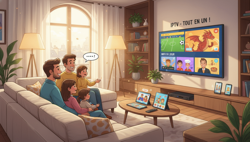 A modern living room featuring multiple devices streaming IPTV content, including a sleek flat-screen TV, tablets, and smartphones on a stylish coffee table. In the foreground, a comfortable sofa with soft cushions invites relaxation, while a family watches together, dressed casually but tastefully. The television displays vibrant scenes from various genres, hinting at the diversity of IPTV offerings. The middle of the room has warm ambient lighting from stylish lamps casting a cozy glow. In the background, a large window allows soft sunlight to filter in, enhancing the inviting atmosphere. The overall mood is of connection and convenience, illustrating the benefits of using IPTV in French homes in 2026.
