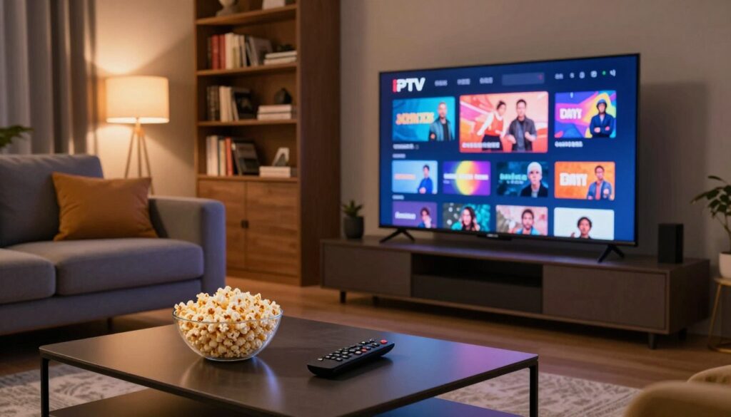 A modern living room scene featuring a large flat-screen TV displaying a vibrant, dynamic interface of an IPTV streaming service. In the foreground, a stylish coffee table is adorned with a sleek remote control and a bowl of popcorn. The middle ground showcases comfortable seating with plush couches in muted colors, creating a welcoming atmosphere for family and friends. Soft, ambient lighting casts a warm glow throughout the room, adding a cozy feel to the environment. The background reveals a bookshelf filled with films and books, emphasizing a love for entertainment. The mood is relaxed and inviting, perfect for enjoying diverse streaming content available with a premium subscription in France. The composition is captured from a slightly elevated angle, providing a comprehensive view of the room's layout.
