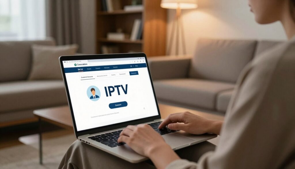 A modern living room scene featuring a professional individual reviewing their IPTV subscription on a sleek laptop. In the foreground, a close-up of the person's hands typing on the keyboard, with a focus on the laptop screen showing an IPTV cancellation interface. The individual is dressed in smart casual attire, embodying a sense of determination and clarity. In the middle ground, a stylish bookshelf and a comfortable sofa create a cozy yet professional atmosphere. The background includes soft, ambient lighting from a nearby window, suggesting a late afternoon vibe. The overall color palette is warm with earthy tones, generating a calm and focused mood. The image conveys the experience of navigating the process of canceling an IPTV subscription. A modern living room scene featuring a professional individual reviewing their IPTV subscription on a sleek laptop. In the foreground, a close-up of the person's hands typing on the keyboard, with a focus on the laptop screen showing an IPTV cancellation interface. The individual is dressed in smart casual attire, embodying a sense of determination and clarity. In the middle ground, a stylish bookshelf and a comfortable sofa create a cozy yet professional atmosphere. The background includes soft, ambient lighting from a nearby window, suggesting a late afternoon vibe. The overall color palette is warm with earthy tones, generating a calm and focused mood. The image conveys the experience of navigating the process of canceling an IPTV subscription.