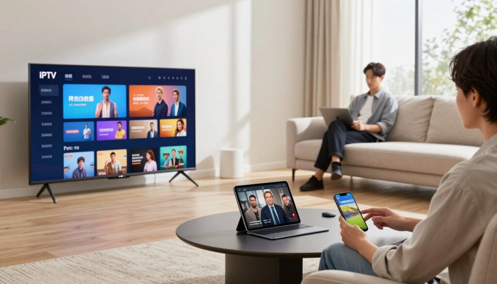 A modern living room scene showcasing IPTV access on various devices. In the foreground, a smart TV displays a vibrant IPTV interface with dynamic content. Next to the TV, a sleek tablet shows a streaming movie, and on a nearby coffee table, a smartphone streams a live sports event. In the middle ground, a comfortable sofa with a person in business attire, attentively watching the TV, adds a human touch. The background features large windows allowing natural light to flood in, creating a bright and inviting atmosphere. Soft shadows play across the room, captured with a wide-angle lens to emphasize the diversity of devices. The overall mood is one of innovation and convenience, illustrating the seamless integration of technology into daily life.