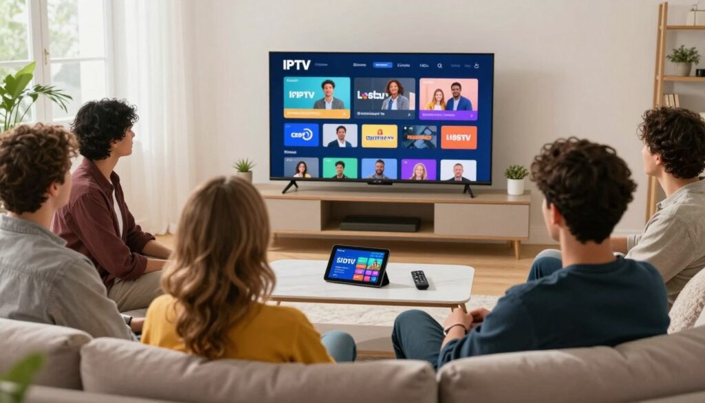 A modern living room scene showcasing IPTV accessibility in France. In the foreground, a diverse group of individuals, including a middle-aged woman and a young man, are seated comfortably on a plush couch, engaging with a large flat-screen TV. The TV displays a colorful, user-friendly interface for IPTV services. In the middle ground, a stylish coffee table is adorned with a tablet and remote controls, emphasizing ease of access to content. The background features a bright and welcoming window with natural light streaming in, highlighting a cozy atmosphere. Use soft, warm lighting to create an inviting feeling, capturing the essence of modern entertainment accessibility. The composition should evoke a sense of community and inclusivity around IPTV services.