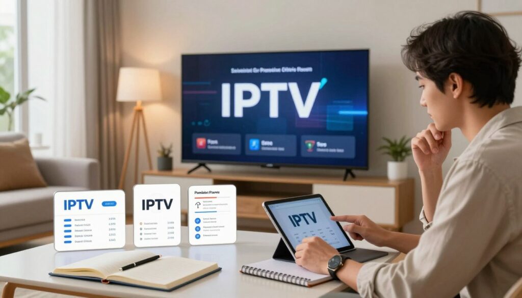 A modern living room scene showcasing a sleek television displaying imagery related to IPTV selection criteria. In the foreground, a professional-looking individual in a smart casual outfit thoughtfully analyzes a tablet, surrounded by notebooks and pens. In the middle, an array of IPTV provider logos, pricing plans, features, and connectivity options are artistically arranged on a table. The background features a cozy, well-lit room with soft ambient lighting, large windows letting in natural light, and stylish decor that adds warmth. The mood is one of thoughtful decision-making and modern technology evaluation, emphasizing clarity and focus in the decision process. The scene captures an inviting and professional atmosphere, ideal for conveying the importance of choosing the right IPTV service.