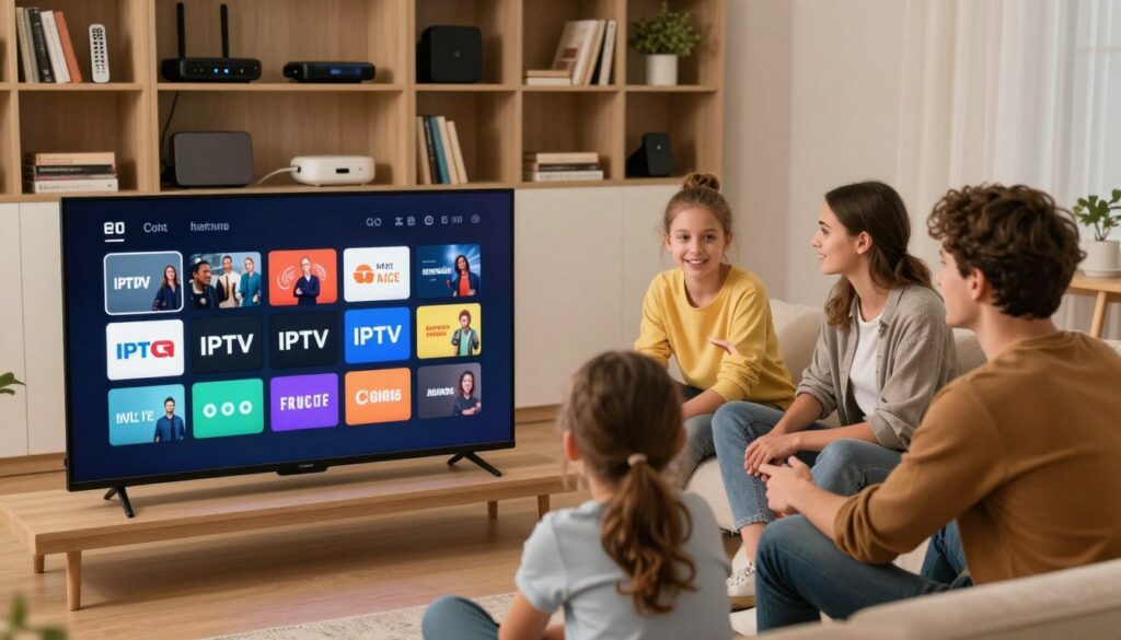 A modern living room setting as the foreground, featuring a stylish TV with multiple streaming application icons displayed on the screen. In the middle ground, a family of four, casually dressed in comfortable clothing, is discussing their viewing options, depicting a sense of collaboration and decision-making. The background shows a sleek bookshelf filled with various streaming devices, remote controls, and books about technology and entertainment. Soft, warm lighting creates an inviting atmosphere, with a focal point on the TV. Use a slightly high-angle shot to capture the family dynamic and gadgets clearly. The overall mood is informative and casual, emphasizing the comparison of IPTV with traditional streaming services in France.