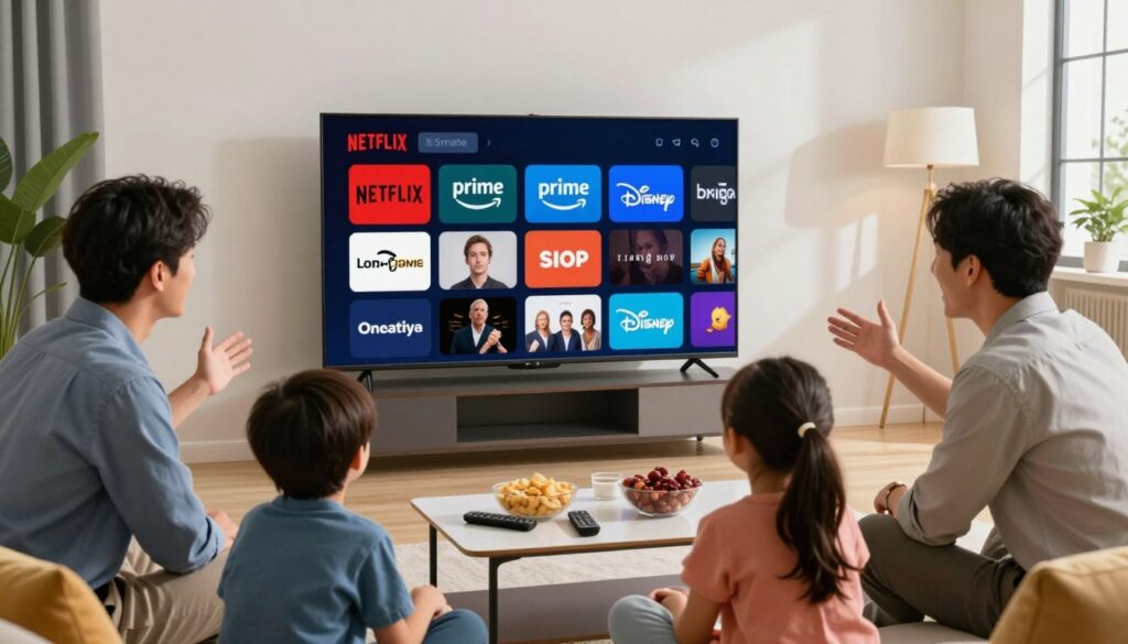 A modern living room setting featuring a high-end Smart TV displaying a collage of legal streaming service logos, such as Netflix, Amazon Prime, and Disney+. In the foreground, a family of four, dressed in casual yet professional clothing, gathers around the TV, excitedly discussing their streaming options. The middle ground shows a sleek coffee table with snacks and remote controls, emphasizing a cozy viewing experience. The background features a large window with natural light streaming in, illuminating the vibrant colors of the room and creating a warm atmosphere. The composition should emphasize comfort and family connection while highlighting the theme of legal streaming alternatives.