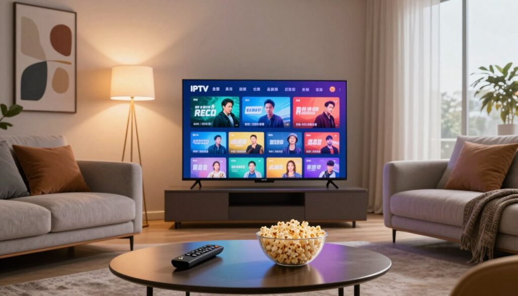 A modern living room setting featuring an elegant 4K TV showcasing vibrant IPTV content, displaying a mix of colorful channels and movies. In the foreground, a sleek coffee table holds a remote control and a bowl of popcorn, inviting viewers to engage with their media. The middle ground includes a stylish couch with plush cushions, arranged for comfort, while a contemporary floor lamp casts warm, inviting light, enhancing the cozy atmosphere. In the background, abstract artwork adorns the walls, and a large window allows soft, natural light to spill in, creating an inviting ambiance. The scene radiates a sense of relaxation, entertainment, and modernity, appealing to viewers exploring the advantages of IPTV in 2026.