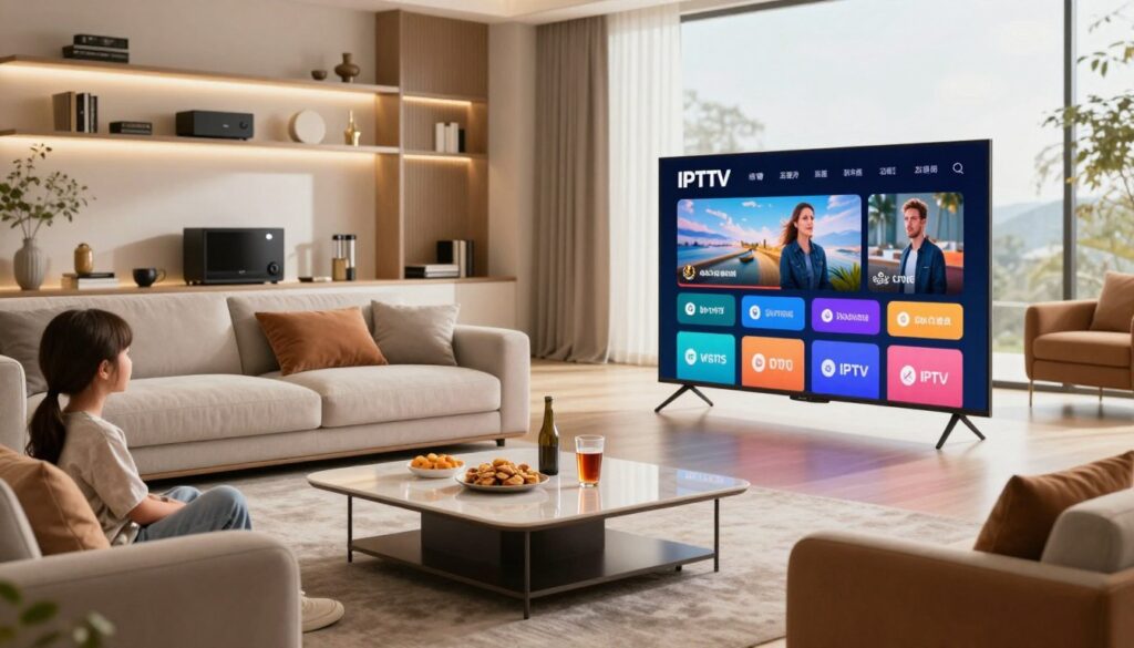 A modern living room setting showcasing a premium IPTV experience. In the foreground, a sleek, large flat-screen TV displays vibrant imagery from a high-quality streaming service. Surrounding the TV, stylish furniture with plush seating creates an inviting atmosphere. The middle ground features a neatly arranged coffee table with snacks and drinks, highlighting a cozy family gathering. In the background, softly lit shelves house various entertainment devices and decor, exuding a sophisticated vibe. Natural light filters through large windows, casting a warm glow across the room, enhancing the feeling of comfort and luxury. The overall mood is relaxed yet upscale, emphasizing the advantages of a long-duration IPTV subscription in an elegant home environment.
