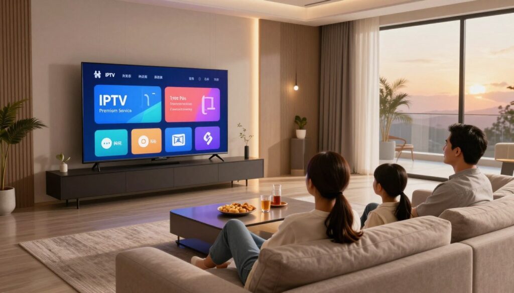 A modern living room setting showcasing a sleek smart TV displaying a vibrant, digital interface for an IPTV Premium Service. In the foreground, a family seated comfortably on a stylish sofa, dressed in casual yet neat clothing, enjoying their viewing experience. In the middle, a coffee table with snacks and drinks, emphasizing relaxation and entertainment. The background features a contemporary decor with soft, warm lighting creating an inviting atmosphere, perhaps with a window showing a sunset glow. The scene captures the mood of leisure and quality time spent together, highlighting the appeal of a premium IPTV subscription. Use a wide-angle lens perspective to enhance the space and comfort. A modern living room setting showcasing a sleek smart TV displaying a vibrant, digital interface for an IPTV Premium Service. In the foreground, a family seated comfortably on a stylish sofa, dressed in casual yet neat clothing, enjoying their viewing experience. In the middle, a coffee table with snacks and drinks, emphasizing relaxation and entertainment. The background features a contemporary decor with soft, warm lighting creating an inviting atmosphere, perhaps with a window showing a sunset glow. The scene captures the mood of leisure and quality time spent together, highlighting the appeal of a premium IPTV subscription. Use a wide-angle lens perspective to enhance the space and comfort.