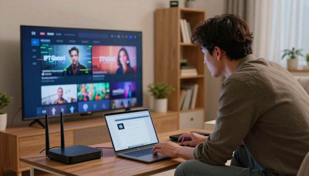 A modern living room setup focused on resolving IPTV technical issues. In the foreground, a professional-looking technician, dressed in smart casual clothing, leans over a sleek television displaying glitchy streaming content. The middle ground features an array of IPTV devices, such as set-top boxes and modems, with a laptop showing diagnostic software for troubleshooting. The background includes a stylish bookshelf and subtle, soft lighting with a warm ambiance, suggesting a cozy, tech-savvy environment. The scene captures a sense of concentration and problem-solving, with the technician intently analyzing the devices to enhance the viewer's experience. The angle is slightly elevated, providing a clear view of the technical work being done, while maintaining an inviting atmosphere. A modern living room setup focused on resolving IPTV technical issues. In the foreground, a professional-looking technician, dressed in smart casual clothing, leans over a sleek television displaying glitchy streaming content. The middle ground features an array of IPTV devices, such as set-top boxes and modems, with a laptop showing diagnostic software for troubleshooting. The background includes a stylish bookshelf and subtle, soft lighting with a warm ambiance, suggesting a cozy, tech-savvy environment. The scene captures a sense of concentration and problem-solving, with the technician intently analyzing the devices to enhance the viewer's experience. The angle is slightly elevated, providing a clear view of the technical work being done, while maintaining an inviting atmosphere.