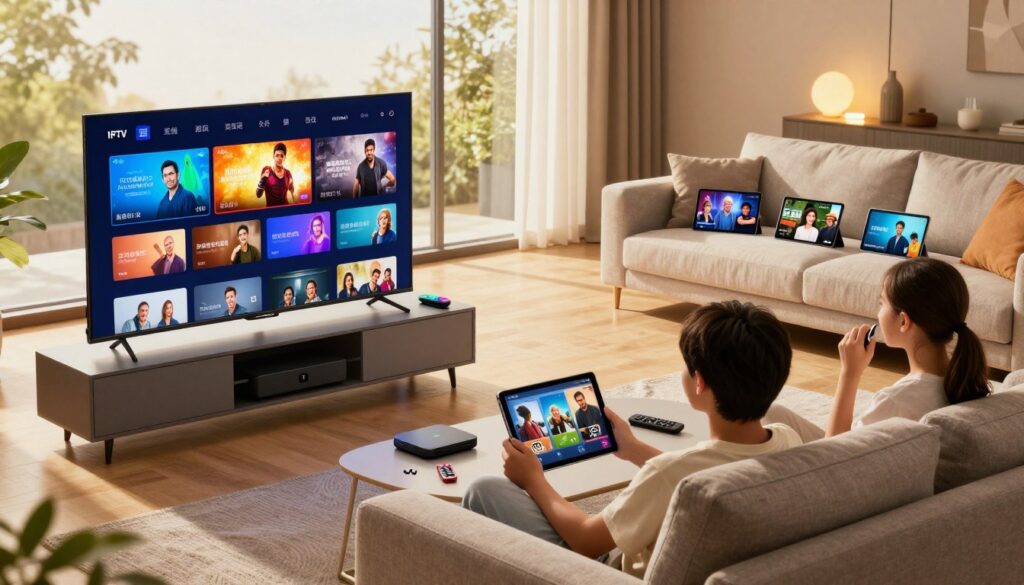 A modern living room setup showcasing IPTV multi-screen flexibility. In the foreground, a sleek smart TV displaying a vibrant streaming service menu, with various shows highlighted. To the right, a comfortable sofa with a family watching multiple tablets, each streaming different content, reflecting diverse viewing options. The middle layer features a stylish entertainment console with streaming devices and colorful remote controls scattered around. In the background, large windows let in warm sunlight, creating a cozy atmosphere. Soft, ambient lighting enhances the scene, highlighting the modern decor and tech gadgets. The mood is relaxed and engaging, emphasizing the advantages and versatility of IPTV in a contemporary home environment.