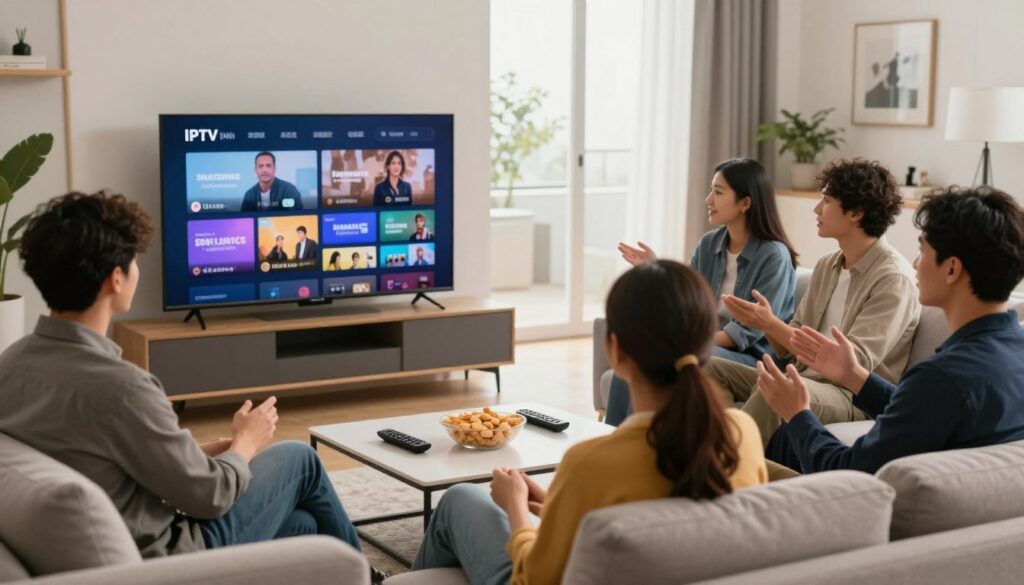 A modern living room setup showcasing users engaged with IPTV technology. In the foreground, a diverse group of professional individuals in smart casual clothing are sitting comfortably on a stylish couch, discussing their experiences while watching various streaming channels on a sleek flat-screen TV. In the middle ground, a coffee table is adorned with snacks, and remote controls are placed neatly. In the background, a large window lets in soft, natural light, creating a warm and inviting atmosphere. The room has contemporary decor, emphasizing comfort and technology. Capture the essence of shared experiences, connectivity, and enjoyment in a relaxed home environment, with soft focus on the background to highlight the main activity. A modern living room setup showcasing users engaged with IPTV technology. In the foreground, a diverse group of professional individuals in smart casual clothing are sitting comfortably on a stylish couch, discussing their experiences while watching various streaming channels on a sleek flat-screen TV. In the middle ground, a coffee table is adorned with snacks, and remote controls are placed neatly. In the background, a large window lets in soft, natural light, creating a warm and inviting atmosphere. The room has contemporary decor, emphasizing comfort and technology. Capture the essence of shared experiences, connectivity, and enjoyment in a relaxed home environment, with soft focus on the background to highlight the main activity.