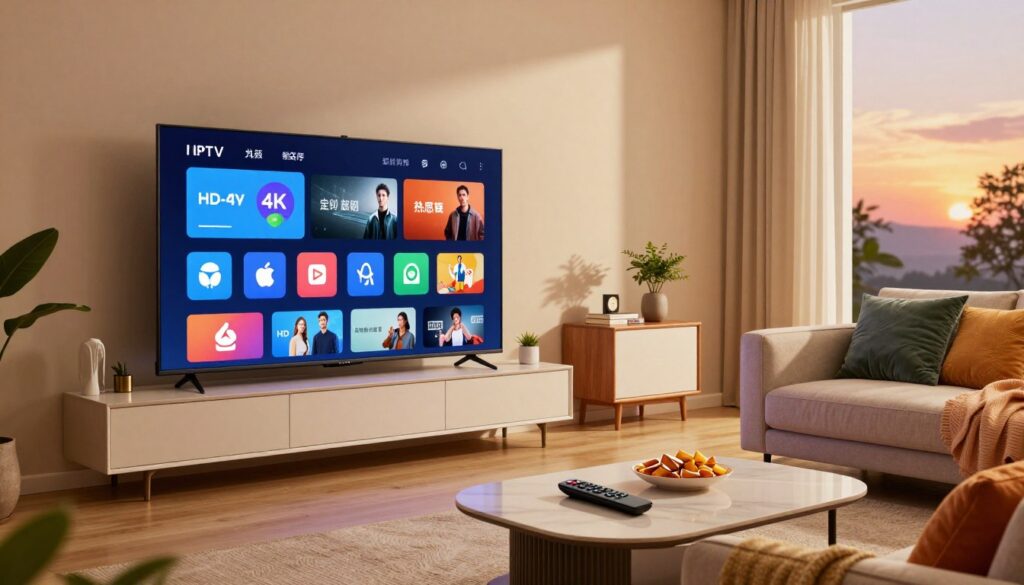 A modern living room showcasing advanced IPTV features on a large Smart TV. In the foreground, a sleek Smart TV displays a vibrant user interface filled with various streaming icons, showcasing HD and 4K content. To the right, a comfortable couch with colorful cushions invites viewers to relax, while a stylish coffee table displays a remote control and snacks. The middle ground features a contemporary entertainment unit with decor items like books and plants. In the background, soft ambient lighting creates a cozy atmosphere, with a window revealing a sunset. Capture the scene with a warm color palette, sharp focus on the TV screen, and a slightly wide-angle view to encompass the entire room, evoking a feeling of modern comfort and leisure.