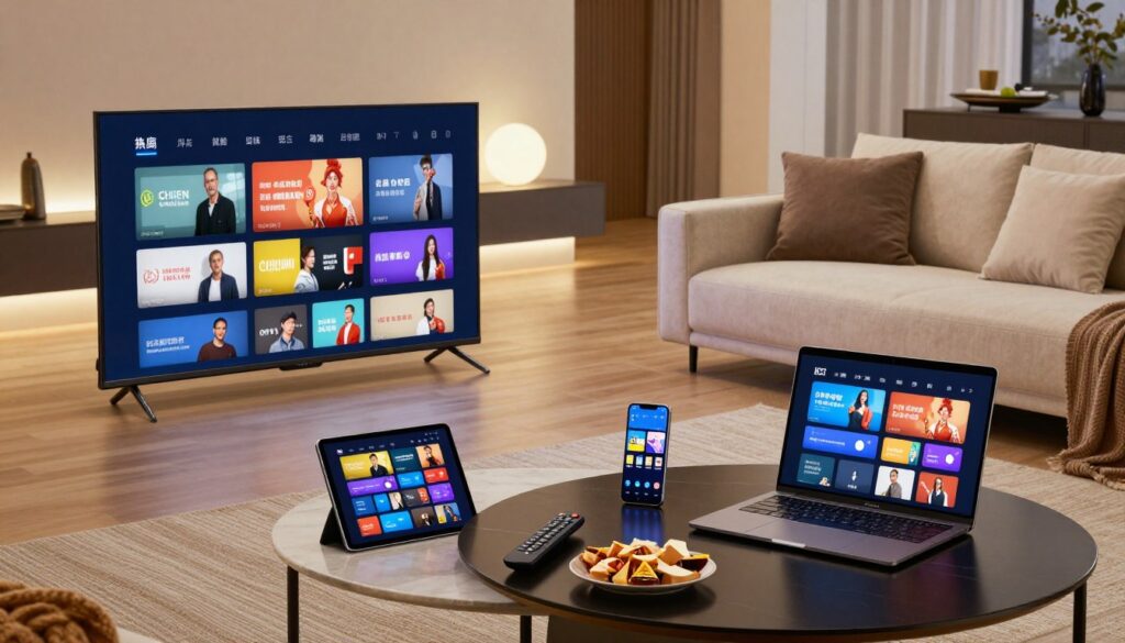 A modern living room showcasing compatibility with IPTV on various devices. In the foreground, a stylish smart TV displays colorful streaming content. Surrounding it are a tablet, a smartphone, and a laptop, all featuring user-friendly interfaces of IPTV services. In the middle, a cozy couch with cushions invites relaxation, while a coffee table holds a remote control and snacks. The background reveals a softly lit room with ambient lighting, creating a warm and inviting atmosphere. The composition includes sleek furniture and decor, highlighting a modern lifestyle. Shot from a slightly elevated angle to capture all elements, with balanced natural lighting enhancing the clarity and detail of each device. A modern living room showcasing compatibility with IPTV on various devices. In the foreground, a stylish smart TV displays colorful streaming content. Surrounding it are a tablet, a smartphone, and a laptop, all featuring user-friendly interfaces of IPTV services. In the middle, a cozy couch with cushions invites relaxation, while a coffee table holds a remote control and snacks. The background reveals a softly lit room with ambient lighting, creating a warm and inviting atmosphere. The composition includes sleek furniture and decor, highlighting a modern lifestyle. Shot from a slightly elevated angle to capture all elements, with balanced natural lighting enhancing the clarity and detail of each device.