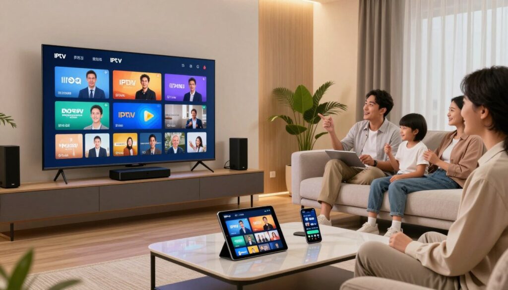A modern living room showcasing various screens displaying IPTV multi-screen services. In the foreground, a sleek TV wall with a large flat-screen TV streaming different channels, surrounded by an elegant sound system. On a stylish coffee table, a tablet and smartphone also showing diverse content options. The middle ground features a cozy sofa with family members dressed in professional casual attire, engaging with the devices, their expressions reflecting enjoyment and excitement. The background reveals soft, ambient lighting enhancing a warm atmosphere, with potted plants and minimalist decor. The scene captures a sense of connectivity and entertainment, highlighting the inclusion of additional services seamlessly across multiple devices.