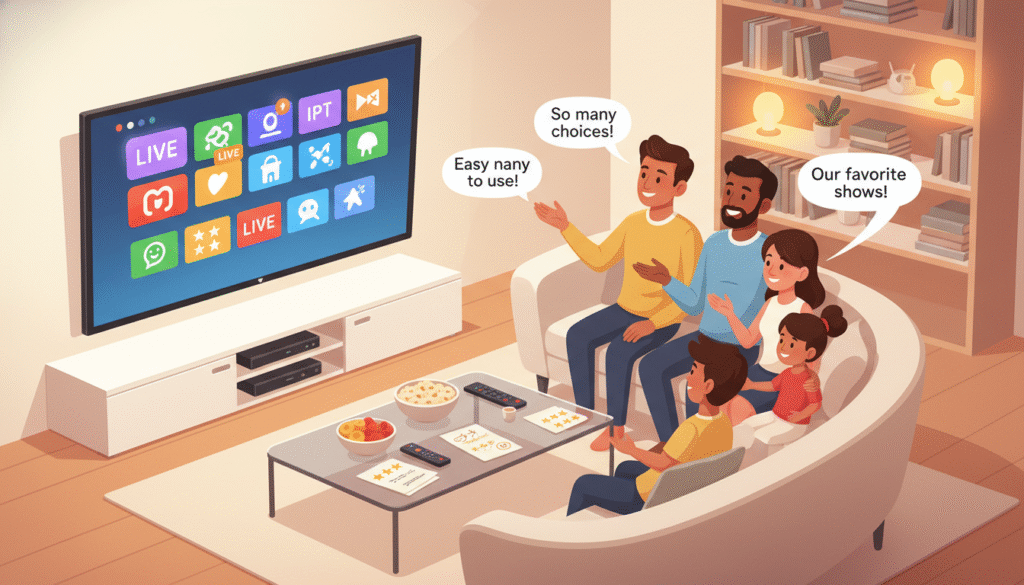 A modern, sleek living room setting showcasing a family gathered around a large flat-screen TV, with vibrant IPTV content displayed on the screen. The foreground features a diverse family of four, each dressed in casual but neat clothing, engaging in a positive discussion about their IPTV service. In the middle ground, a coffee table filled with snacks, remote controls, and user ratings on paper. The background features a cozy bookshelf and warm lighting from decorative lamps, creating an inviting atmosphere. Use a slightly elevated angle to capture the interaction and ambiance. The mood is lively and engaging, reflecting satisfaction and modern entertainment. The lighting is soft and warm, giving a sense of comfort and togetherness.