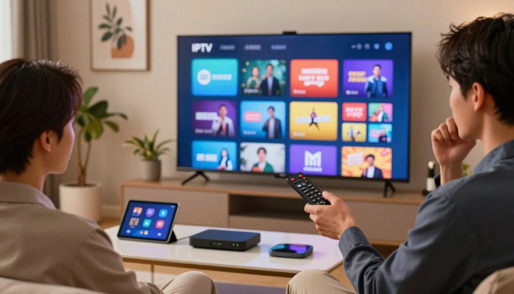 A modern, sleek living room setting showcasing a large smart TV displaying an IPTV interface filled with vibrant icons representing various channels and features. In the foreground, a professional-looking person in business casual attire is holding a remote control, with a look of contemplation on their face as they navigate through the options. The middle ground features a stylish coffee table adorned with gadgets like a tablet and streaming devices. The background includes soft, warm lighting creating a cozy atmosphere with decorative elements like plants and artwork. The angle is slightly tilted to give a dynamic perspective, focusing on the IPTV service functionality while ensuring a relatable and inviting home environment. The overall mood is innovative and tech-savvy, emphasizing the seamless experience of IPTV services. A modern, sleek living room setting showcasing a large smart TV displaying an IPTV interface filled with vibrant icons representing various channels and features. In the foreground, a professional-looking person in business casual attire is holding a remote control, with a look of contemplation on their face as they navigate through the options. The middle ground features a stylish coffee table adorned with gadgets like a tablet and streaming devices. The background includes soft, warm lighting creating a cozy atmosphere with decorative elements like plants and artwork. The angle is slightly tilted to give a dynamic perspective, focusing on the IPTV service functionality while ensuring a relatable and inviting home environment. The overall mood is innovative and tech-savvy, emphasizing the seamless experience of IPTV services.