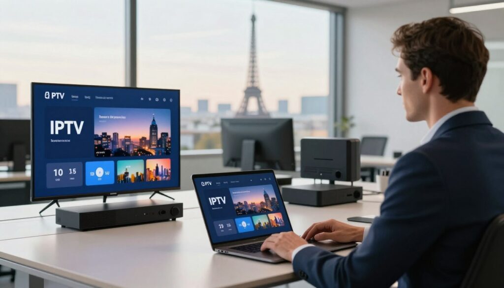 A modern, sleek office environment focusing on IPTV technology in France. In the foreground, a professional individual in smart business attire is seated at a desk with a laptop open, displaying the IPTV interface. In the middle ground, there are various high-tech devices like smart TVs and streaming boxes neatly arranged. The background features a large window with a view of the iconic Paris skyline, bathed in soft, natural sunlight, creating a warm and inviting atmosphere. The overall mood is serious yet optimistic, emphasizing the legitimate and innovative nature of IPTV services in France. The image is captured with a shallow depth of field to keep the focus on the individual and devices, while the background remains slightly blurred. A modern, sleek office environment focusing on IPTV technology in France. In the foreground, a professional individual in smart business attire is seated at a desk with a laptop open, displaying the IPTV interface. In the middle ground, there are various high-tech devices like smart TVs and streaming boxes neatly arranged. The background features a large window with a view of the iconic Paris skyline, bathed in soft, natural sunlight, creating a warm and inviting atmosphere. The overall mood is serious yet optimistic, emphasizing the legitimate and innovative nature of IPTV services in France. The image is captured with a shallow depth of field to keep the focus on the individual and devices, while the background remains slightly blurred.
