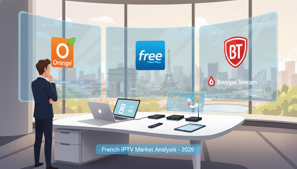 A modern, sleek office environment showcasing three interactive screens displaying the logos of the top French IPTV providers. In the foreground, a professional business person in smart casual attire, analyzing the data on the screens with a thoughtful expression. The middle layer features a stylish desk with a laptop and streaming devices, hinting at advanced technology. The background is composed of cityscape views through large windows, capturing the essence of France. Soft, natural sunlight illuminates the scene, creating a clear, inviting atmosphere. The camera angle is slightly elevated, focusing on the interaction between the person and the screens, emphasizing the topic of IPTV services in France for 2026.