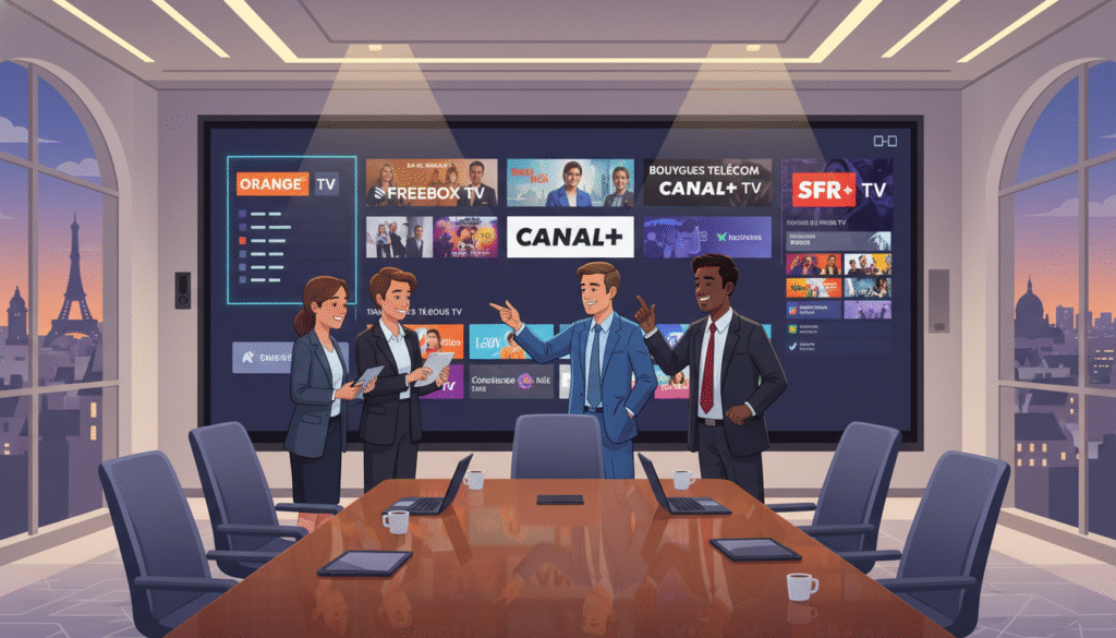 A modern, sleek workspace showcasing the top five IPTV service providers in France, featuring a large digital screen displaying vibrant, high-definition graphics of streaming interfaces. In the foreground, a group of diverse professionals, dressed in smart business attire, are engaged in discussion, pointing at the screen. In the middle ground, elegant furniture such as a polished conference table and comfortable chairs complement the tech-savvy atmosphere. The background should include soft, ambient lighting that enhances the professional setting, with cityscape views visible through large windows, hinting at an urban location. The overall mood is sophisticated and dynamic, reflecting innovation and collaboration in the IPTV industry.
