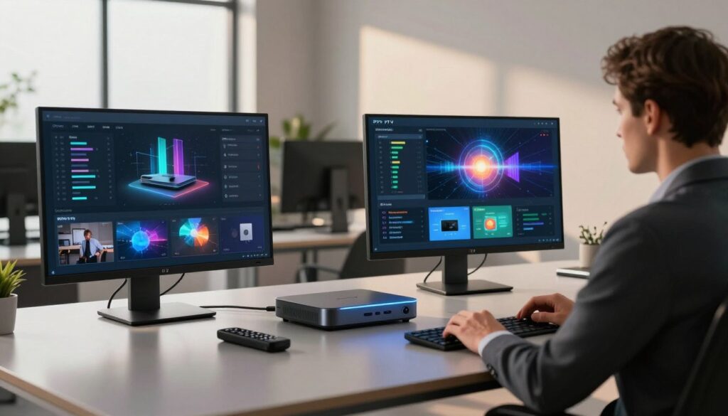 A modern, sleek workspace with a focus on technology, featuring a high-tech computer setup displaying IPTV server options on the screen. In the foreground, a professional-looking person in business attire is analyzing digital charts and streaming quality metrics. In the middle, there are IPTV devices like set-top boxes and remote controls artistically arranged on a polished desk. The background shows a well-lit room with contemporary decor, perhaps with a large window letting in soft, natural light that casts gentle shadows, enhancing the professional atmosphere. The mood should be focused and modern, inviting viewers to consider the world of IPTV choices carefully. A modern, sleek workspace with a focus on technology, featuring a high-tech computer setup displaying IPTV server options on the screen. In the foreground, a professional-looking person in business attire is analyzing digital charts and streaming quality metrics. In the middle, there are IPTV devices like set-top boxes and remote controls artistically arranged on a polished desk. The background shows a well-lit room with contemporary decor, perhaps with a large window letting in soft, natural light that casts gentle shadows, enhancing the professional atmosphere. The mood should be focused and modern, inviting viewers to consider the world of IPTV choices carefully.