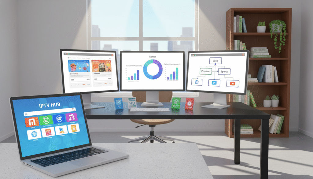 A modern workspace featuring a sleek computer desk with multiple monitors displaying various IPTV site comparisons and charts. In the foreground, a stylish open laptop showcases a vibrant interface of an IPTV site. The middle section includes color-coded graphs and icons representing different IPTV options, emphasizing variety and user choice. In the background, a contemporary office setup with a bookshelf filled with tech literature and indoor plants adds depth. Natural light streams in through a large window, casting soft shadows and creating a professional atmosphere. The mood is informative and engaging, aimed at tech enthusiasts exploring IPTV subscriptions. Capture the scene from a slightly elevated angle for a comprehensive view.