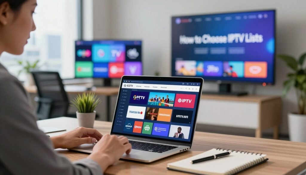 A modern workspace featuring a sleek laptop open to a vibrant IPTV interface, displaying a selection of streaming channels. In the foreground, a professional wearing business attire is thoughtfully reviewing options, with a notepad and pen beside them for taking notes. The middle ground showcases bright digital screens with various TV channel logos subtly blurred for focus, conveying a sense of choice. The background features a well-lit, airy office environment with plants, a window revealing a city skyline, and a large screen displaying a “How to Choose IPTV Lists” graphic in a professional style. Soft, warm lighting creates a welcoming atmosphere, enhancing the analytical mood of the image. A modern workspace featuring a sleek laptop open to a vibrant IPTV interface, displaying a selection of streaming channels. In the foreground, a professional wearing business attire is thoughtfully reviewing options, with a notepad and pen beside them for taking notes. The middle ground showcases bright digital screens with various TV channel logos subtly blurred for focus, conveying a sense of choice. The background features a well-lit, airy office environment with plants, a window revealing a city skyline, and a large screen displaying a “How to Choose IPTV Lists” graphic in a professional style. Soft, warm lighting creates a welcoming atmosphere, enhancing the analytical mood of the image.