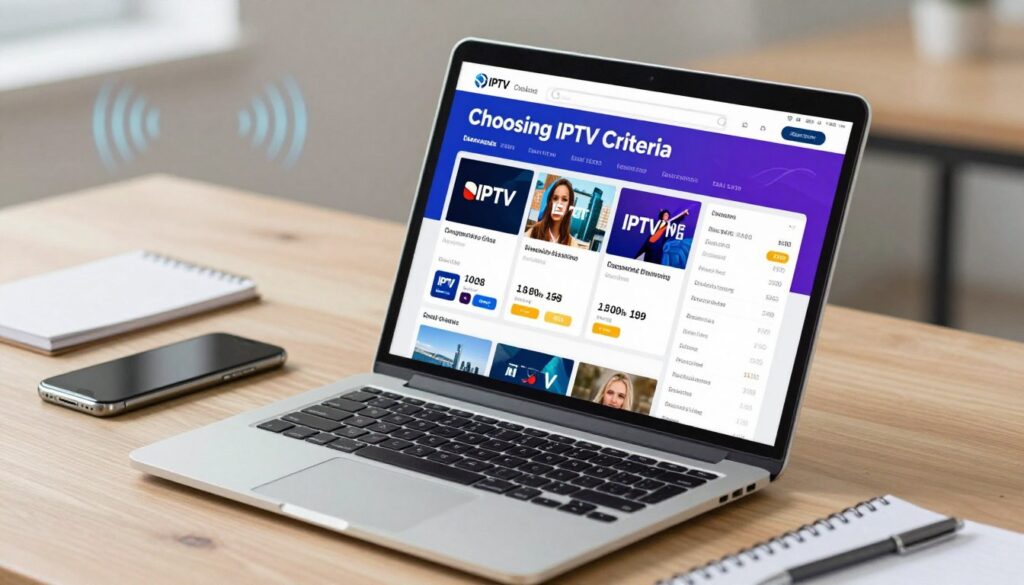 A professional and engaging image illustrating the concept of "Choosing IPTV Criteria". In the foreground, a large, modern laptop displays a vibrant dashboard with various IPTV service options, showcasing features like channels, pricing, and user ratings. The middle ground features a thoughtfully arranged workspace with a smartphone and a notepad, symbolizing research and comparison. In the background, a subtle graphic representation of signal waves or digital connectivity hints at technology. The lighting is bright and inviting, creating a focused and professional atmosphere. The angle is slightly tilted to provide depth, giving the viewer a sense of interactive engagement. Overall, the image conveys clarity, informality, and professionalism, suitable for a tech-savvy audience exploring IPTV choices for 2024.