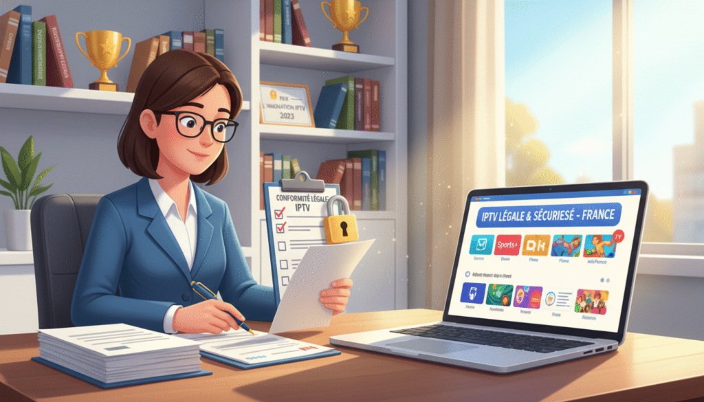 A professional and inviting office setting focused on IPTV legal compliance in France. In the foreground, a sleek laptop displays a vibrant interface of an IPTV service, showcasing various channels and content. To the left, an individual dressed in business attire examines legal documents and a compliance checklist, symbolizing the importance of legality and safety in IPTV subscriptions. The background features modern shelves filled with technology-related books and awards, highlighting innovation and expertise. Soft, natural light streams in through a window, casting a warm glow over the scene, conveying an atmosphere of trust and security. The angle is slightly elevated, offering a clear view of the laptop and the individual, emphasizing professionalism and diligence in IPTV services.