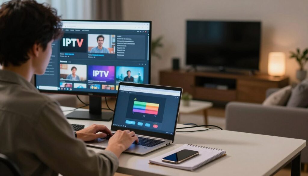A professional-looking troubleshooting scene focused on IPTV streaming issues. In the foreground, a person in smart casual attire sits at a desk, intently focused on a laptop displaying a buffering video icon, surrounded by notepads and a smartphone. The middle ground features a large monitor with various IPTV channels open, including error messages and connection glitches, while cables are slightly tangled around the desk. The background shows a modern living room with a large TV and soft, ambient lighting, creating a cozy yet technical atmosphere. The overall mood is one of concentration and problem-solving, emphasizing the challenges of streaming technology. The scene is captured with a slightly blurred depth of field effect, highlighting the importance of the person’s actions. A professional-looking troubleshooting scene focused on IPTV streaming issues. In the foreground, a person in smart casual attire sits at a desk, intently focused on a laptop displaying a buffering video icon, surrounded by notepads and a smartphone. The middle ground features a large monitor with various IPTV channels open, including error messages and connection glitches, while cables are slightly tangled around the desk. The background shows a modern living room with a large TV and soft, ambient lighting, creating a cozy yet technical atmosphere. The overall mood is one of concentration and problem-solving, emphasizing the challenges of streaming technology. The scene is captured with a slightly blurred depth of field effect, highlighting the importance of the person’s actions.