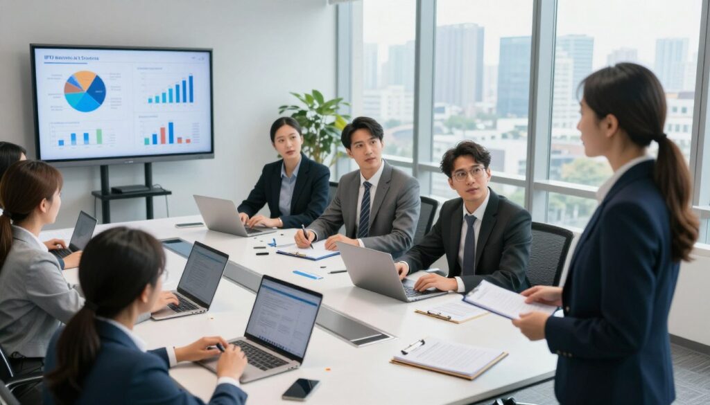 A professional office setting showcasing a diverse team of business professionals, including both men and women, gathered around a sleek conference table. In the foreground, a woman in business attire is presenting data on a large screen, which displays graphs and charts related to IPTV service evaluations. The middle layer features attentive colleagues analyzing laptops and notepads, while discussing points earnestly. The background reveals a modern office with large windows offering a view of a city skyline under bright natural light, creating an atmosphere of collaboration and focus. Capture with a slight overhead angle to emphasize teamwork, enhancing the professional mood. The image should convey a sense of critical assessment and strategic discussion regarding IPTV providers.