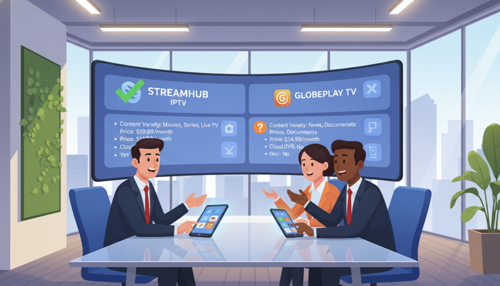 A professional setting that illustrates the concept of selecting an IPTV subscription. In the foreground, a diverse group of three business professionals—two men and one woman—are engaged in a discussion around a sleek, modern conference table with digital devices like a tablet and smartphone displaying streaming apps. The middle layer features a large screen behind them showcasing various IPTV service logos with checkmarks and criteria lists like 'Content Variety' and 'Price'. In the background, a well-lit contemporary office space with glass walls and greenery adds a touch of modernity. Soft, ambient lighting creates a focused yet collaborative mood, captured in a wide-angle shot that emphasizes the interaction and sharing of ideas.