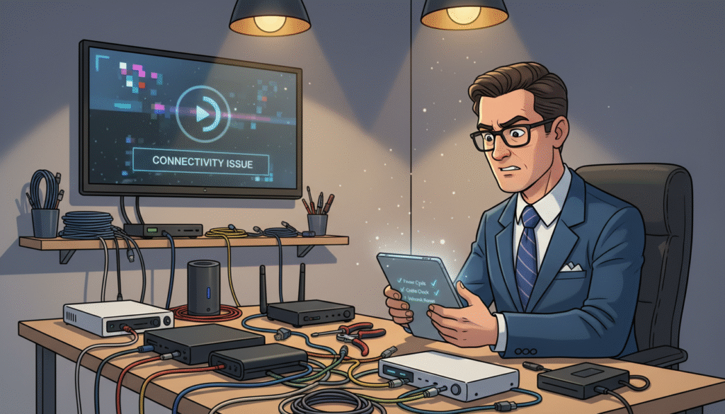A professional technician, dressed in smart business attire, is seated at a modern desk cluttered with various IPTV devices, including set-top boxes and routers. In the foreground, the focus is on the technician examining a tablet with a troubleshooting checklist, showcasing a concentrated expression. The middle ground features a wall-mounted flat-screen TV displaying a frozen IPTV interface, hinting at a connectivity issue. The background includes shelves lined with various cables and tools, dimly lit by overhead lighting that casts a warm glow, creating a sense of urgency but also professionalism. The atmosphere conveys problem-solving expertise, with a hint of frustration, as the technician works to resolve common IPTV issues, emphasizing a sense of reliability and technical skill.